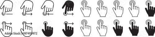 Hand Finger Gesture Icon Set – Swipe Up Down Left Right Signs, Touchscreen Outline and Silhouette Vector