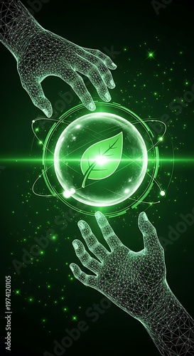 Wireframe hands holding glowing green leaf in orb with particles