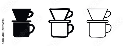 Pour over coffee maker and mug icon set. Manual brew system with cup, vector illustration.