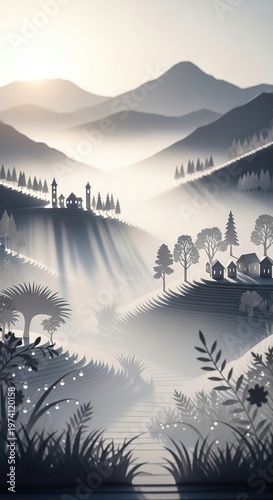 Serene Mountain Vista - A Misty Landscape of Tranquility.