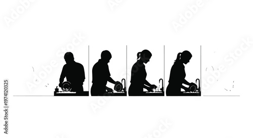 Silhouettes of people washing dishes at sinks a sequential graphic