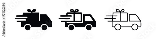Fast gift delivery truck icon set. Express shipping, present, and logistics symbol.