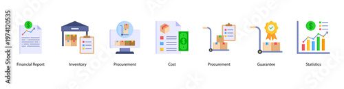 Financial and Inventory Control web banner icon vector illustration featuring Financial Report, Inventory, Procurement, Cost, Procurement, Guarantee, and Statistics for effective business management.
