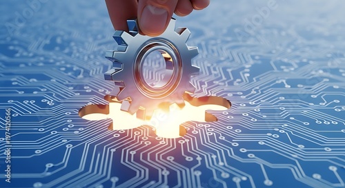 Hand placing metallic gear on glowing circuit board background