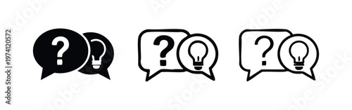 Question mark and lightbulb speech bubble icons. Idea and problem solving symbols in solid and outline for creativity.