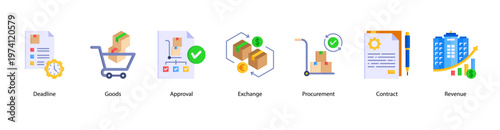 Approval and Contracts web banner icon vector illustration featuring Deadline, Goods, Approval, Exchange, Procurement, Contract, and Revenue for efficient procurement workflow.