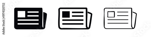 News article and document icon set. Magazine or folded newspaper symbols in various styles for media.