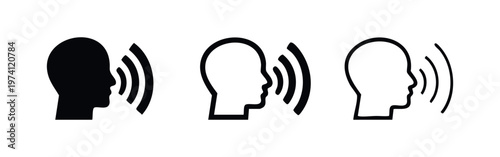 Speaking and voice communication icons. Human head profile with radiating sound waves symbol for audio.
