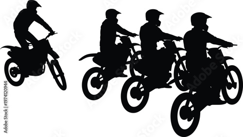 Silhouette of motocross riders performing stunts on dirt bikes, action sports adventure, extreme biking, racing, speed, teamwork, outdoor adrenaline concept