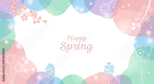 A colorful spring sale banner design features translucent pastel circles and floral vector illustrations, creating a festive event layout with a soft, dreamy aesthetic against a clean white