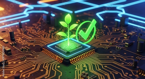 Glowing green plant and checkmark on a microchip circuit board