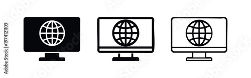 Global Network Desktop Monitor Icon Set. Internet, Web, and Worldwide Communication Symbols.