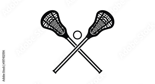 Two crossed lacrosse sticks with a small ball a black and white illustration