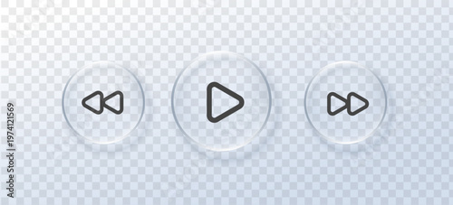 Glass liquid for music button play and black icon on transparent background. Effect frosted morph for badge crystal glass and sign card media. Glass square translucent for button highlight music.