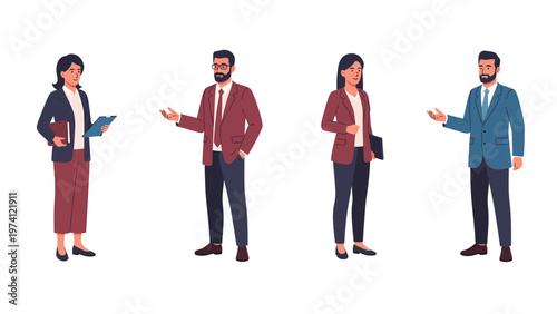 Diverse Business Professionals Group Standing Poses - Flat Vector Illustration of Corporate Team Members