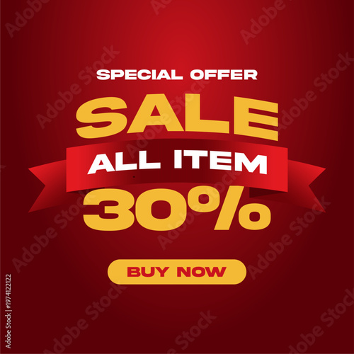 30% promotional sale banner offering discount for all items on red background