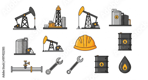 Oil Industry Icons - Jack Pumps, Rigs, Tanks, and Safety Gear.