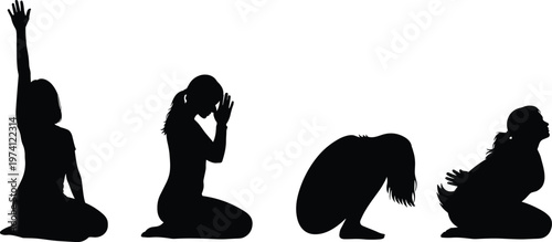 Woman silhouettes praying and worshiping, kneeling poses, spiritual faith, meditation, hope, religion, emotional expression, devotion, peaceful mind concept illustration