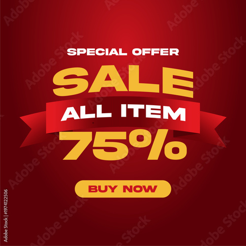 75% promotional sale banner offering discount for all items on red background