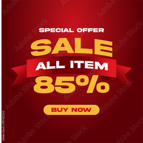 85% promotional sale banner offering discount for all items on red background