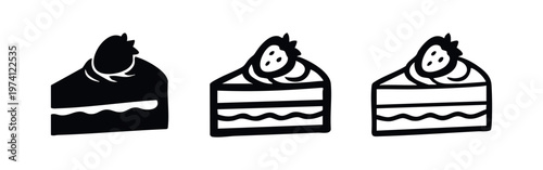 Hand-drawn cake slice icon set with berry topping. Dessert, bakery, and sweet treat symbols.