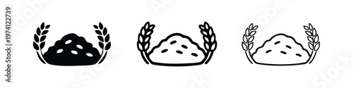 Pile of grains with wheat ears icon set. Cereal, harvest, agriculture, and organic food symbols in glyph, outline, and line art styles.