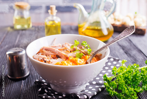Creamy pumpkin soup with chicken