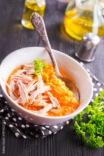 Creamy pumpkin soup with chicken