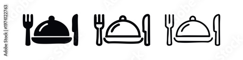 Restaurant cutlery and cloche icon set. Dining, food service, catering, and gourmet symbols in glyph, outline, and line art styles.