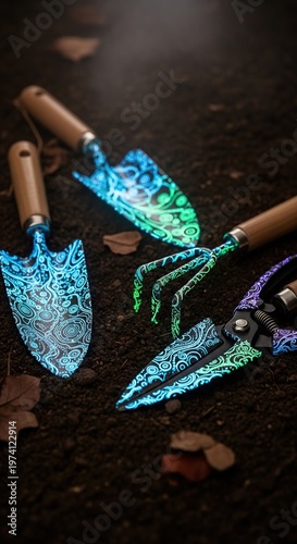 Glowing Garden Tools - Shovel, Trowel, and Pruners.