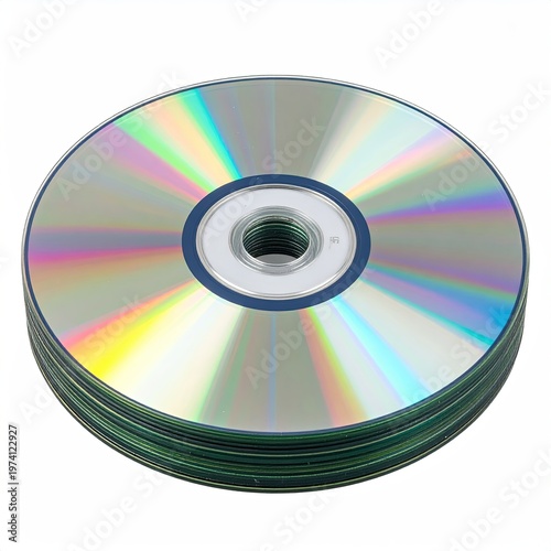 Stack of blank recordable compact discs with iridescent surface top view perfect for data storage backup or music recording on a white background