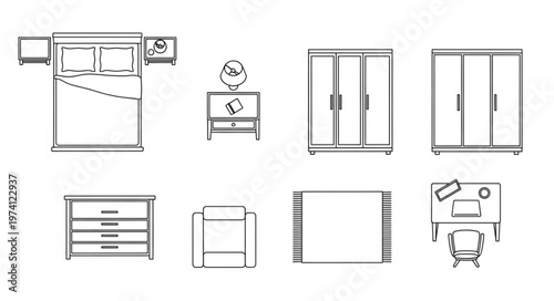 Bedroom Furniture Set - Bed, Wardrobes, Dresser, and Nightstand Layout.