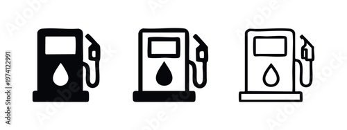 Gas pump with fuel drop icon set. Petrol station, energy, and automotive symbols in glyph, outline, and line art styles.