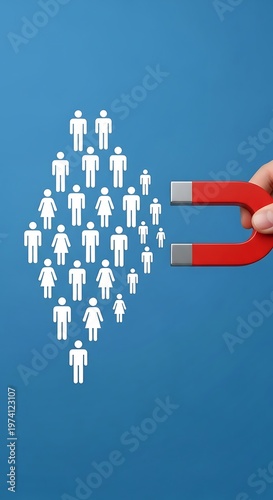 Red magnet attracting white human on blue background