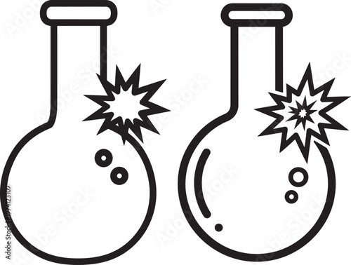 Two laboratory flasks with star burst, science experiment icon, liquid reaction silhouette.