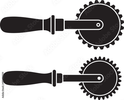 Silhouette icons of pizza cutters with serrated wheels and handles for kitchen.