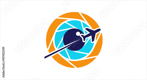 Airplane flying through camera lens aperture travel photography logo.