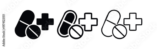 Medication icon set. Pills, capsule, plus, and minus symbols in flat, outline, and hand-drawn style. Healthcare sign.