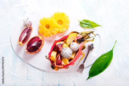 dragon fruit and other exotic fruits, fruit salad