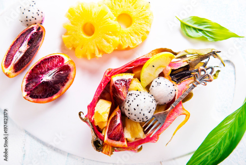 dragon fruit and other exotic fruits, fruit salad