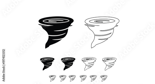 Black and white tornado illustrations in varying sizes and styles
