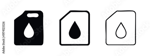 Liquid container with water drop icons. Generic fluid storage symbol in solid and outline styles.