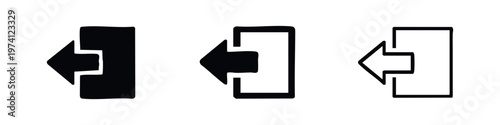 Logout or exit icons set. Square with left-pointing arrow symbol in different styles.