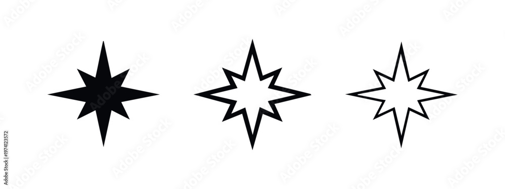 Obraz premium Eight-point starburst icon set in solid, thick outline, and thin outline styles, symbolizing explosion or sparkle.