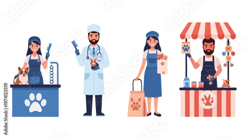 Pet Care Professionals & Services Illustration Set: Veterinarian, Groomer, Pet Shop Worker, and Market Vendor