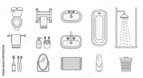 Bathroom Fixtures and Accessories Line Art Illustration.