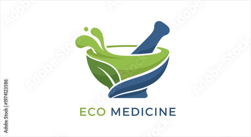 Eco Medicine Logo - Mortar and Pestle with Green Leaf and Water Splash.