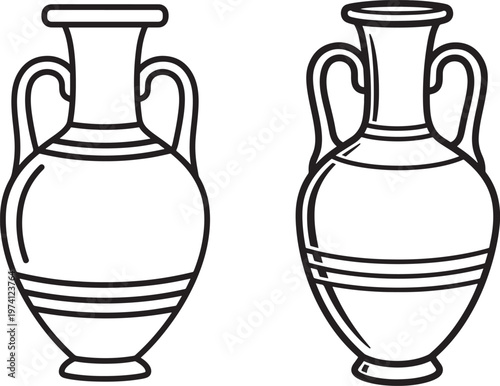 Two ancient amphora vase line art icons, traditional Greek pottery with handles and a wide base.