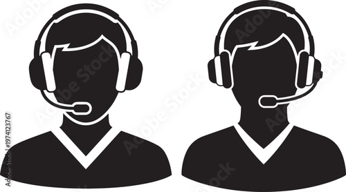 Two male silhouettes with headsets and microphones icon set, representing customer support or call center operators.
