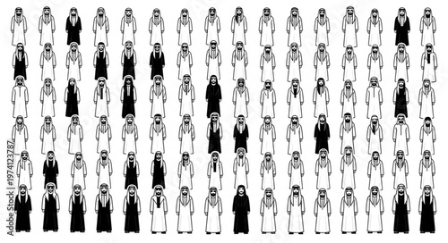 Diverse group of people in traditional attire, standing together in a crowd.